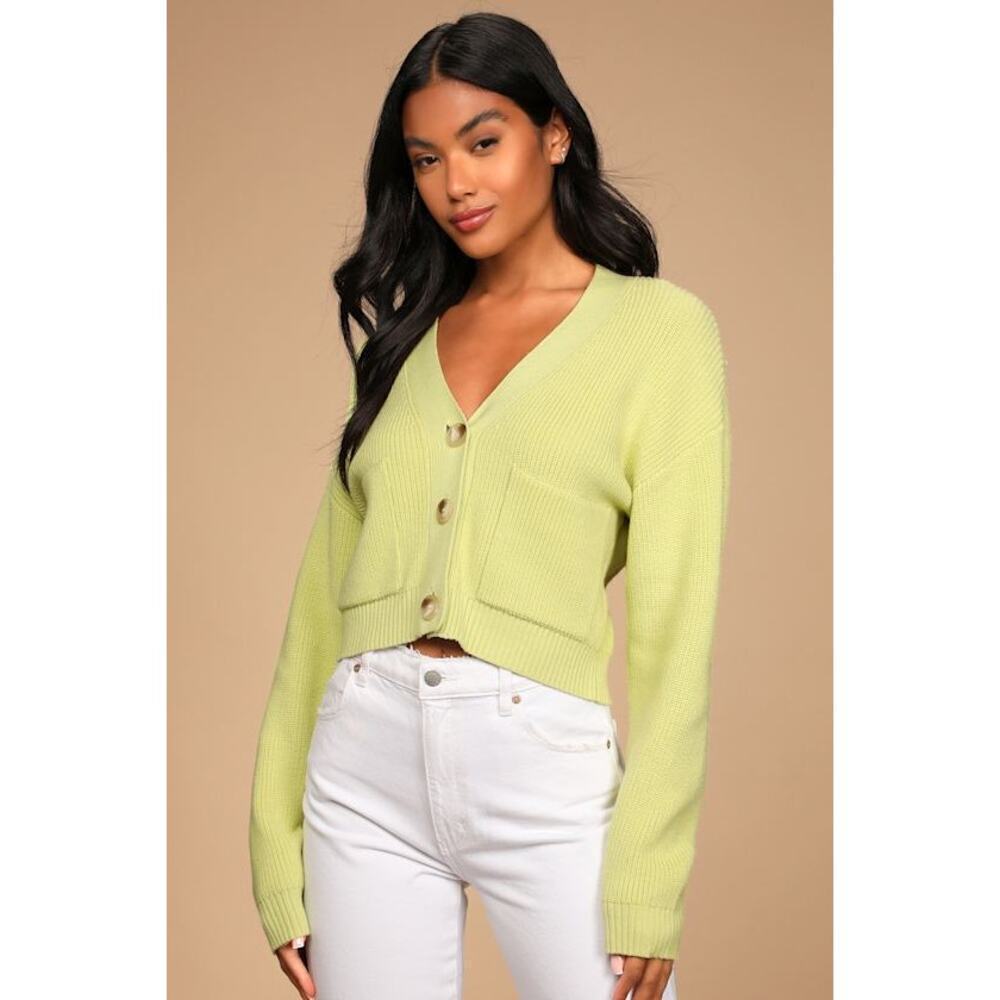 Lulus Fresh New Look Light Green Ribbed Knit Cardigan Sweater sz Large